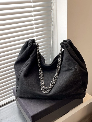 Women Large Capacity Denim Tote Bag Casual Chain Shoulder Bag Pleated Hobo Bag Fashion Shopping Bag For Daily Commuting