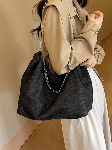 Women Large Capacity Denim Tote Bag Casual Chain Shoulder Bag Pleated Hobo Bag Fashion Shopping Bag For Daily Commuting