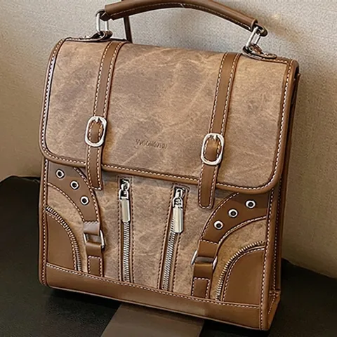 Sac à Dos Femme en Cuir PU Vintage Grande Capacité Décoration de Rivets Contraste Sac d'École Étudiant Mode Voyage Épaule