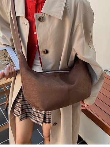 Minimalist Suede Hobo Bag Large Capacity Crossbody Bag For Women Vintage Dumpling Shoulder Bag Soft Suede Fabric Handbag For Daily Travel