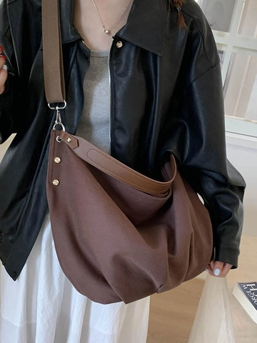 Women Large Capacity Canvas Tote Bag Casual Hobo Shoulder Bag With Leather Strap Pleated Crossbody Commuting Handbag