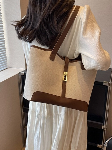 Γυναικεία Μεγάλη Τσάντα Tote από Καμβά Vintage Urban Shoulder Bag Με Δερμάτινη Διακόσμηση Μεταλλική Αγκράφα Handbag