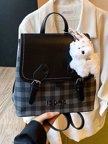 Retro Checkerboard Stitching PU Leather Women Backpack Fashion Large Capacity School Bag With Plush Dog Keychain Casual Travel Bag