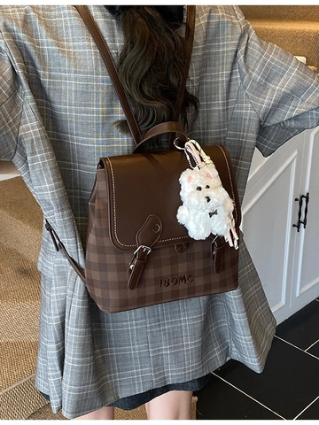 Retro Checkerboard Stitching PU Leather Women Backpack Fashion Large Capacity School Bag With Plush Dog Keychain Casual Travel Bag