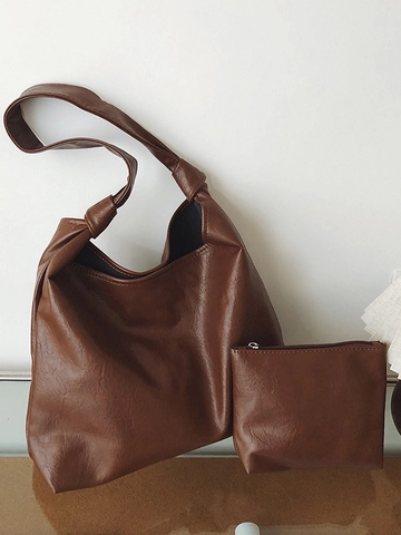 Bolso de Hombro de Cuero PU de Gran Capacidad para Mujer Bolso Tote Retro con Nudo y Estuche Bolso Hobo Minimalista para Viaje