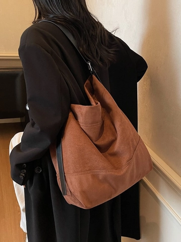 Women Large Capacity Tote Bag Retro Frosted PU Leather Shoulder Crossbody Bag Minimalist Commute Hobo Bag Solid Color Bag
