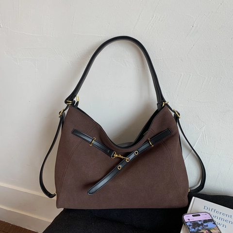 Bolso Tote de Mujer Vintage de Gran Capacidad Bolso de Hombro Minimalista de Cuero PU Ante Sintético Bolso de Mano para Conmutar Color Sólido
