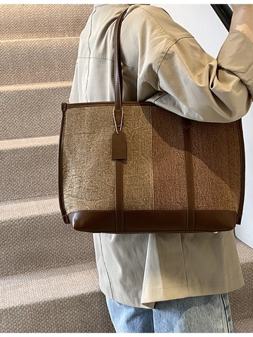 Bolso Tote de Bloques de Color para Mujer Gran Capacidad Tela Cuero PU Patchwork Bolso de Hombro para Viaje Diario Compras Otoño Invierno Casual