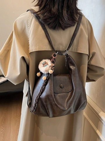 Women Vintage PU Leather Large Capacity Backpack Retro Tote Bag With Plush Pendant Casual Commuting Shoulder Travel Satchel