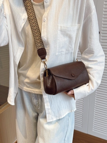 Retro Women PU Leather Small Square Bag With Wide Jacquard Strap Thin PU Strap Fashion Versatile Shoulder Crossbody Bag