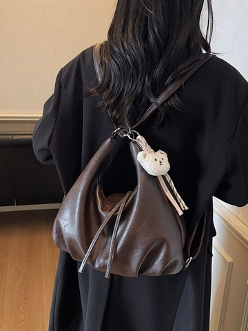 Vintage PU Leather Ruched Shoulder Bag For Women Large Capacity Hobo Tote Bag With Bear Pendant Korean Style Casual Bag