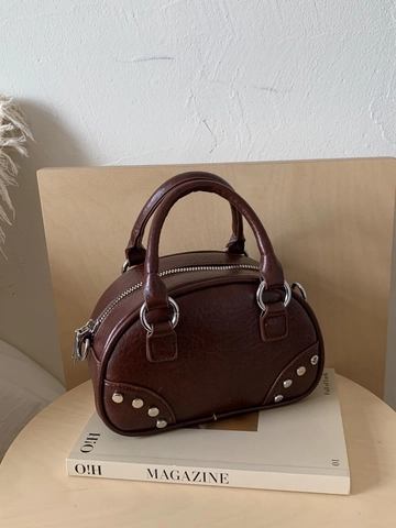 Bolso Almohada de Cuero PU Vintage para Mujer Bolso de Mano Boston con Remaches Retro Bolso Bandoulière de Moda Bolso Bowling Mini