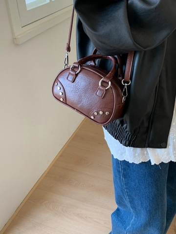 Bolso Almohada de Cuero PU Vintage para Mujer Bolso de Mano Boston con Remaches Retro Bolso Bandoulière de Moda Bolso Bowling Mini