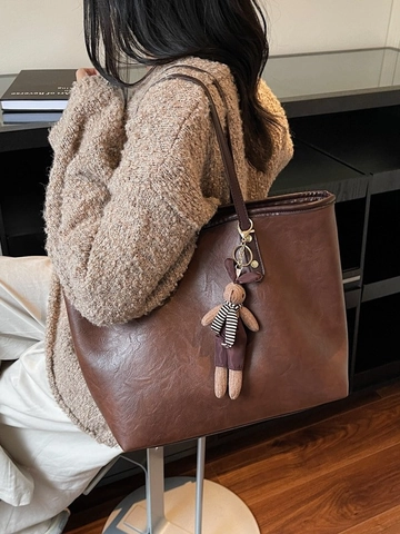 Women Large Capacity PU Leather Tote Bag Retro Commuter Shoulder Bag With Rabbit Charm Versatile Fashion Handbag Travel