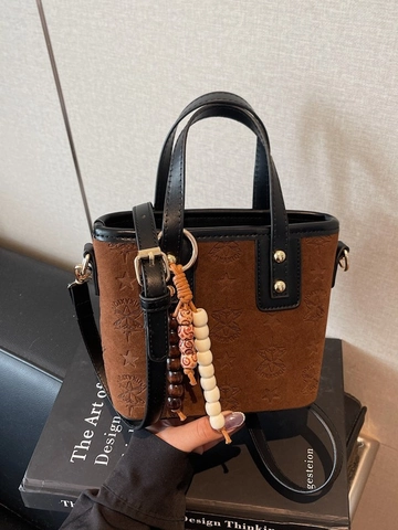 Women Vintage PU Leather Star Embossed Bucket Bag With Wooden Bead Charm Fashion Small Handbag Crossbody Shoulder Bag