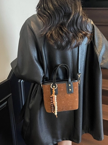 Women Vintage PU Leather Star Embossed Bucket Bag With Wooden Bead Charm Fashion Small Handbag Crossbody Shoulder Bag