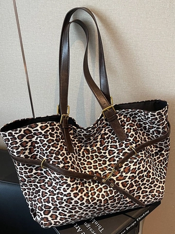 Große Kapazität Leopard Muster Wildleder Tote Bag Für Damen Herbst Winter Vintage Pendeln Student Schultertasche Handtasche