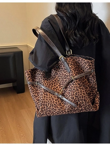 Große Kapazität Leopard Muster Wildleder Tote Bag Für Damen Herbst Winter Vintage Pendeln Student Schultertasche Handtasche
