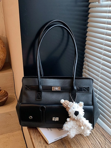Sac Cabas de Grande Capacité en Cuir PU Vintage pour Femmes Sac à Épaule Rétro Color Block Avec Pendentif Ours en Peluche