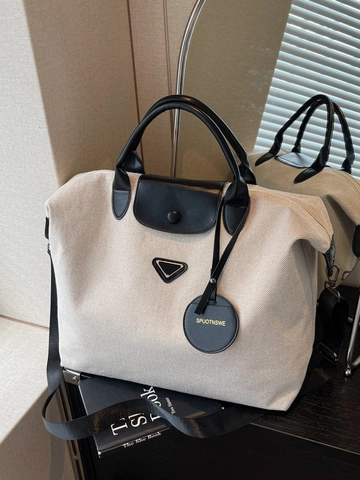 Sac Fourre-tout en Toile de Grande Capacité pour Femmes Sac à Bandoulière Vintage Avec Garniture en Cuir Couleur Contrastée
