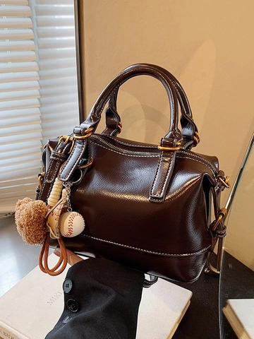 Women Retro PU Leather Boston Pillow Bag Crossbody Shoulder Handbag With Plush Bear Pendant Fashion Versatile Daily Bag