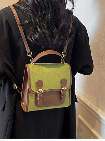 Retro PU Suede Contrast Color Backpack For Women Collegiate Style Student School Bag Lightweight Travel Rucksack Fashion Chic Daypack