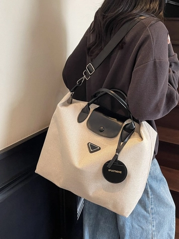 Sac Fourre-tout en Toile de Grande Capacité pour Femmes Sac à Bandoulière Vintage Avec Garniture en Cuir Couleur Contrastée