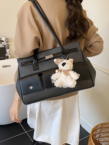 Sac Cabas de Grande Capacité en Cuir PU Vintage pour Femmes Sac à Épaule Rétro Color Block Avec Pendentif Ours en Peluche