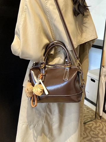 Women Retro PU Leather Boston Pillow Bag Crossbody Shoulder Handbag With Plush Bear Pendant Fashion Versatile Daily Bag