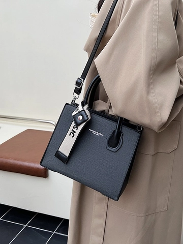 Women Minimalist PU Leather Crossbody Bag Vintage Small Square Tote Bag With Scarf Ribbon Decor Casual Commuter Shoulder Handbag