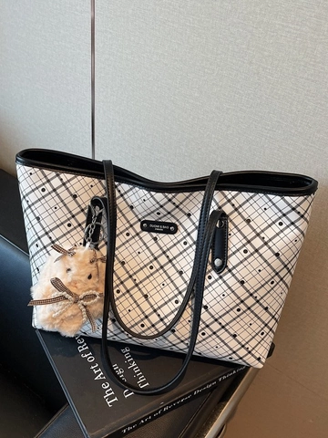Large Capacity PU Leather Women Tote Bag Checkerboard Pattern Shoulder Bag With Plush Rabbit Charm Casual Commuter Work Bag