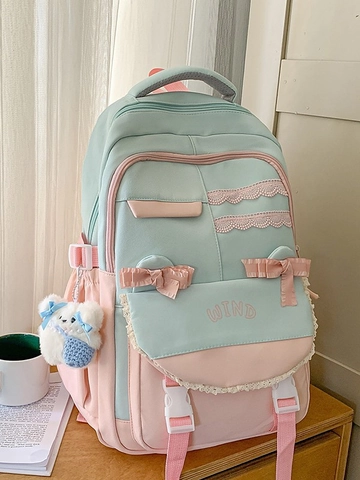 Academy Style Nylon Backpack For Girls Large Capacity Waterproof School Bag With Bow Lace Contrast Color Sweet Student Backpack