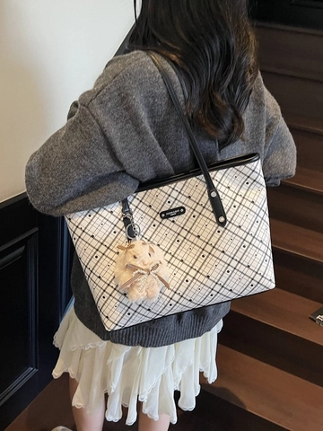 Large Capacity PU Leather Women Tote Bag Checkerboard Pattern Shoulder Bag With Plush Rabbit Charm Casual Commuter Work Bag
