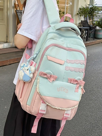 Academy Style Nylon Backpack For Girls Large Capacity Waterproof School Bag With Bow Lace Contrast Color Sweet Student Backpack