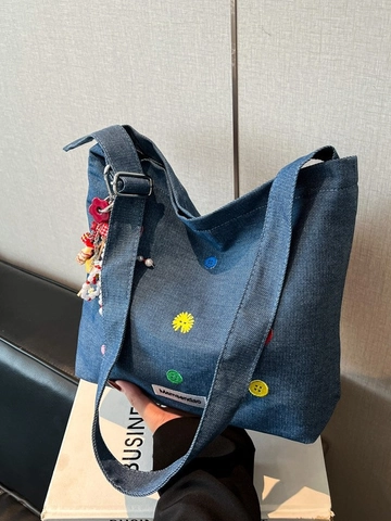 Borsa a Tracolla da Donna in Denim alla Moda Ricamo a Bottoni Colorati Borsa a Secchiello Casual in Denim con Ciondolo