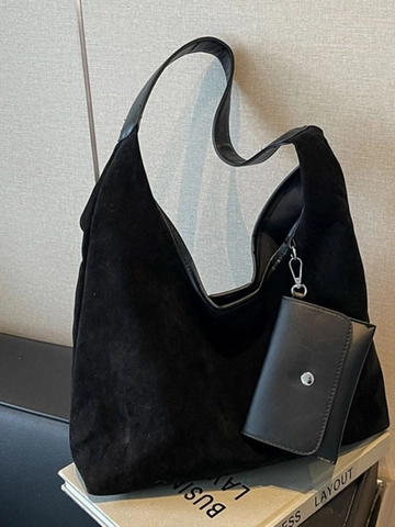 Bolso Tote Retro de Gran Capacidad de PU Efecto Ante Con Bolsito Minimalista Color Sólido Bolso de Hombro Mujer Casual