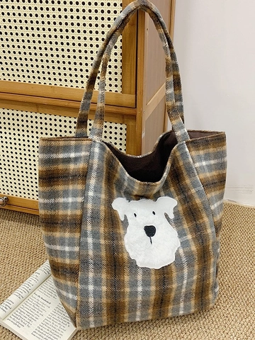 Vintage Plaid Tote Bag For Women Cute Dog Plush Patch Shoulder Bag Large Capacity Casual Commuting Canvas Autumn Winter Handbag