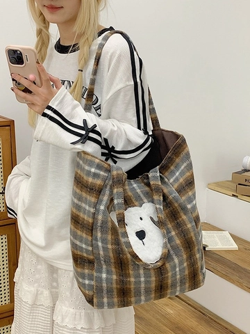 Vintage Plaid Tote Bag For Women Cute Dog Plush Patch Shoulder Bag Large Capacity Casual Commuting Canvas Autumn Winter Handbag
