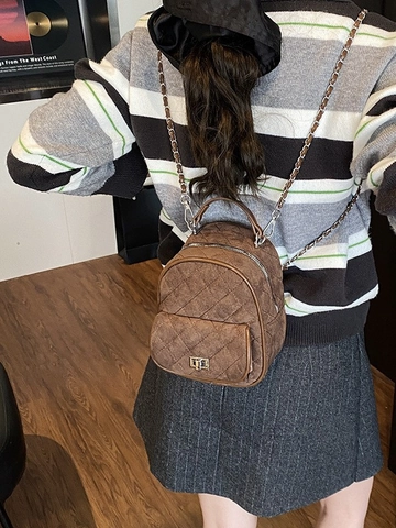 Mini Mochila de Gamuza de PU Acolchada para Mujer Diseño de Rombos Elegante Correa de Cadena Bolso de Hombro Retro Versátil