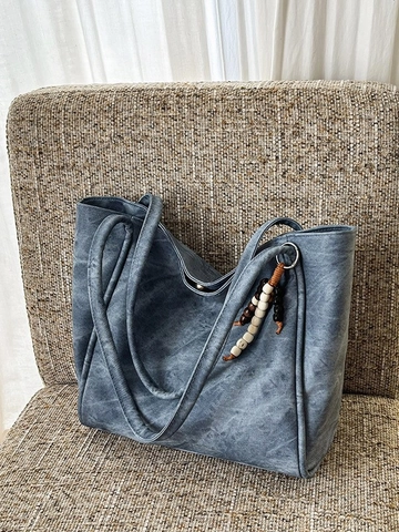 Women Large Capacity PU Leather Tote Bag Vintage Washed Texture Shoulder Bag With Bead Pendant Commuter Daily Handbag