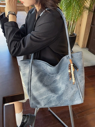 Women Large Capacity PU Leather Tote Bag Vintage Washed Texture Shoulder Bag With Bead Pendant Commuter Daily Handbag