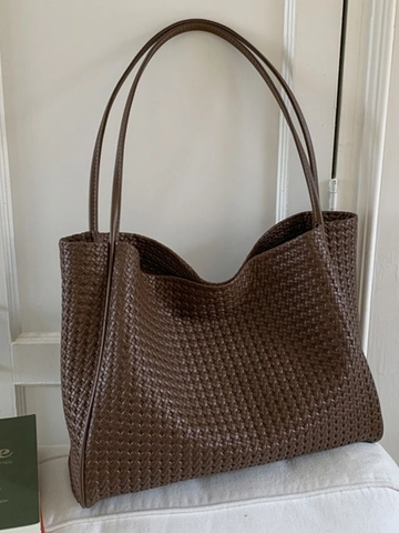 Vintage Large Capacity Woven Tote Bag For Women PU Leather Casual Shoulder Bag Retro Commuter Shopping Bag Handbag