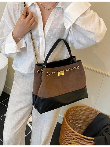 Sac Fourre-tout Matelassé de Grande Capacité pour Femmes Rétro Couleur de Contraste Chaîne Sac Bandoulière Sac à Épaule PU