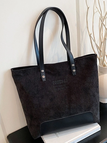 Large Capacity Corduroy Tote Bag For Women Vintage Letter Print Patchwork Shoulder Bag Casual Student Commuting Handbag