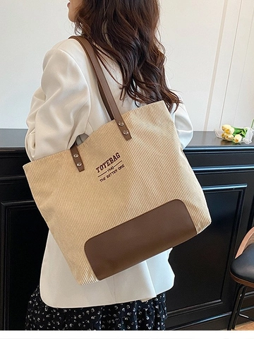 Large Capacity Corduroy Tote Bag For Women Vintage Letter Print Patchwork Shoulder Bag Casual Student Commuting Handbag