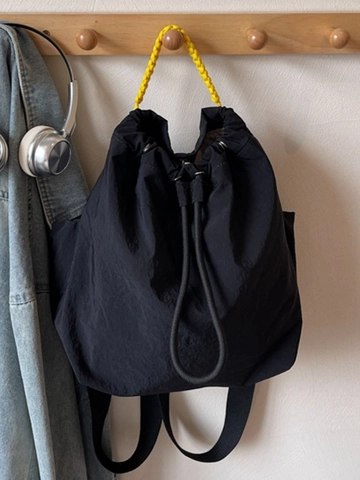 Women Canvas Backpack Large Capacity Casual Drawstring School Bag Lightweight Travel Backpack With Contrast Woven Handle