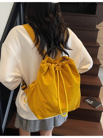 Women Canvas Backpack Large Capacity Casual Drawstring School Bag Lightweight Travel Backpack With Contrast Woven Handle
