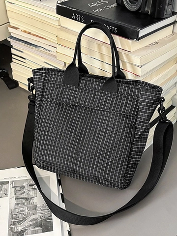 Large Capacity Nylon Tote Bag For Women Casual Plaid Crossbody Bag Student Commuter Shoulder Bag Multi-functional Handbag