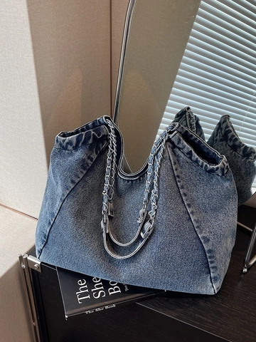 Vintage Denim Tote Bag For Women Large Capacity Chain Shoulder Bag Retro Casual Water-Washed Fashion Hobo Bag