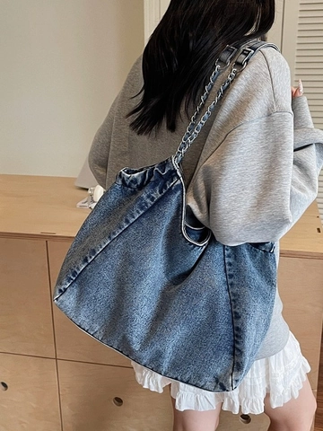 Vintage Denim Tote Bag For Women Large Capacity Chain Shoulder Bag Retro Casual Water-Washed Fashion Hobo Bag